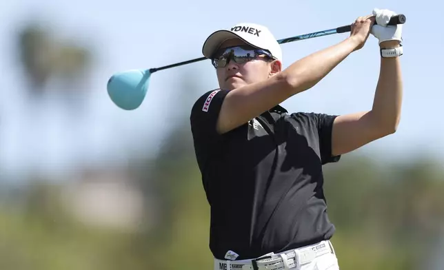 Akie Iwai hits from the seventh tee during the final round of the LPGA's JM Eagle LA Championship golf tournament at El Caballero Country Club Sunday, April 20, 2025, in Los Angeles. (AP Photo/Jessie Alcheh)