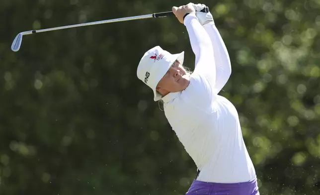 Ingrid Lindblad hits from the sixth tee during the final round of the LPGA's JM Eagle LA Championship golf tournament at El Caballero Country Club Sunday, April 20, 2025, in Los Angeles. (AP Photo/Jessie Alcheh)