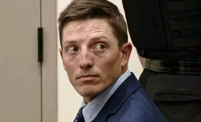 This image made from video provided by WOOD-TV shows Christopher Schurr in court at the Kent County Courthouse in Grand Rapids, Mich., on the first day of his trial, Monday, April 28, 2025. (WOOD-TV via AP, Pool)