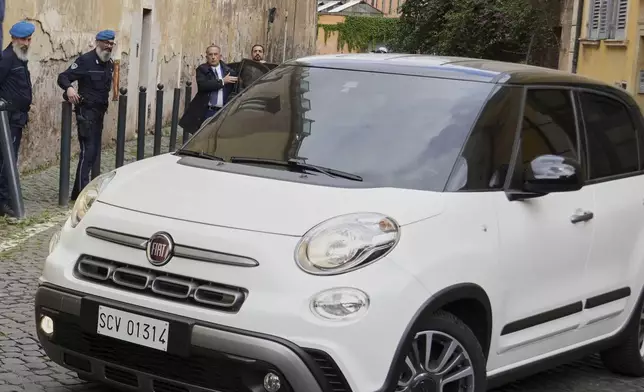 A car with Pope Francis enters the Regina Coeli penitentiary in Rome on Holy Thursday, Thursday, April 17, 2025. (AP Photo/Andrew Medichini)