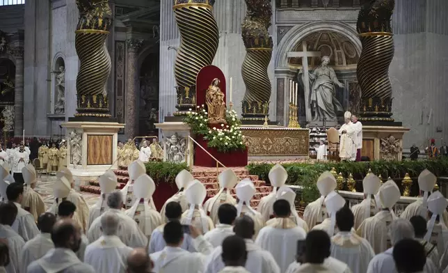 Delegate of the Holy Father, Cardinal Domenico Calcagno, presides over the Chrism Mass inside St. Peter's Basilica at The Vatican, Thursday, April. 17, 2025. (AP Photo/Andrew Medichini)