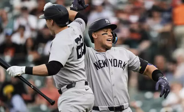New York Yankees' Aaron Judge, left, celebrates with Ben Rice (22) after hitting a home run during the first inning of a baseball game against the Baltimore Orioles, Tuesday, April 29, 2025, in Baltimore. (AP Photo/Stephanie Scarbrough)