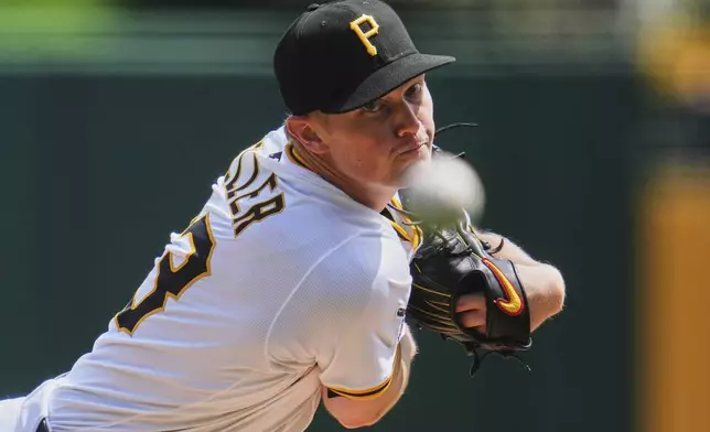 Pittsburgh Pirates pitcher Mitch Keller delivers during the first inning of a baseball game against the Cleveland Guardians in Pittsburgh, Sunday, April 20, 2025. (AP Photo/Gene J. Puskar)