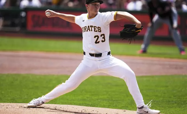 Pittsburgh Pirates pitcher Mitch Keller delivers during the first inning of a baseball game against the Cleveland Guardians in Pittsburgh, Sunday, April 20, 2025. (AP Photo/Gene J. Puskar)