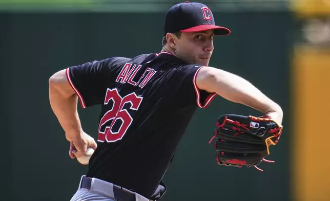 Cleveland Guardians pitcher Logan Allen delivers during the first inning of a baseball game against the Pittsburgh Pirates in Pittsburgh, Sunday, April 20, 2025. (AP Photo/Gene J. Puskar)