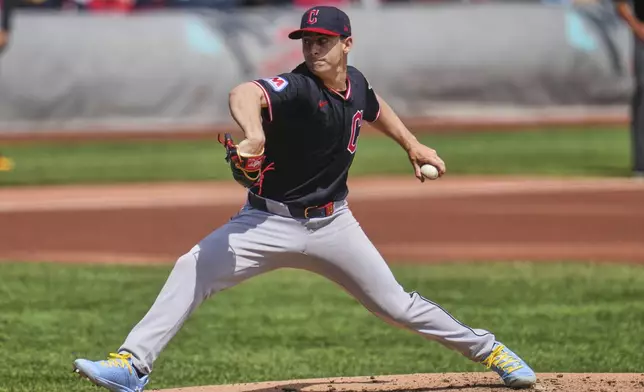 Cleveland Guardians pitcher Logan Allen delivers during the first inning of a baseball game against the Pittsburgh Pirates in Pittsburgh, Sunday, April 20, 2025. (AP Photo/Gene J. Puskar)