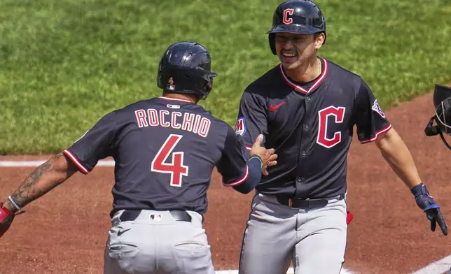 Cleveland Guardians' Steven Kwan, right, is greeted by Brayan Rocchio after both scored on Kwan's two-run home run off Pittsburgh Pirates pitcher Mitch Keller, not pictured, during the third inning of a baseball game in Pittsburgh, Sunday, April 20, 2025. (AP Photo/Gene J. Puskar)