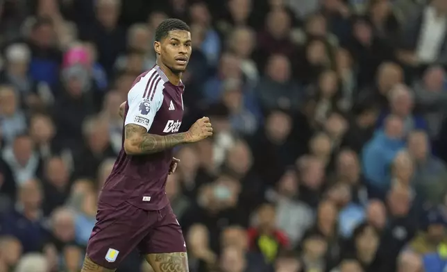 Aston Villa's Marcus Rashford reacts after missing a scoring chance during the English Premier League soccer match between Manchester City and Aston Villa at Etihad stadium in Manchester, England, Tuesday, April 22, 2025. (AP Photo/Jon Super)