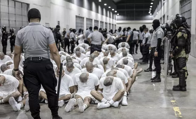 FILE - In this photo provided by El Salvador's presidential press office, a prison guard transfers deportees from the U.S., alleged to be Venezuelan gang members, to the Terrorism Confinement Center in Tecoluca, El Salvador, March 16, 2025. (El Salvador presidential press office via AP, File)