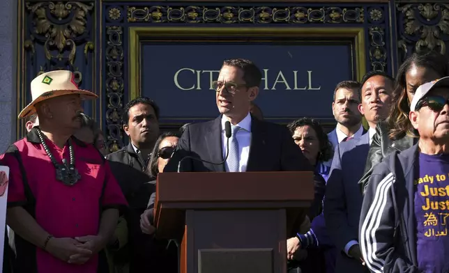 FILE - San Francisco Mayor Daniel Lurie speaks at a rally of city leaders opposing President Trump's immigration crackdown on the steps of City Hall Tuesday, Jan. 28, 2025 in San Francisco. (AP Photo/Terry Chea, File)