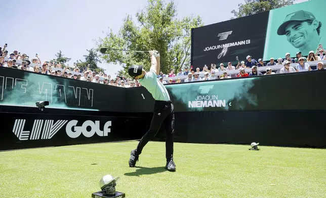 Captain Joaquín Niemann, of Torque GC, hits from the first tee during the final round of LIV Golf Mexico City at Club de Golf Chapultepec, Sunday, April 27, 2025, in Naucalpan, Mexico. (Charles Laberge/LIV Golf via AP)