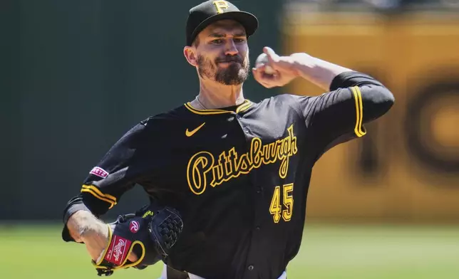 Pittsburgh Pirates pitcher Andrew Heaney delivers during the first inning of a baseball game against the Washington Nationals in Pittsburgh, Thursday, April 17, 2025. (AP Photo/Gene J. Puskar)