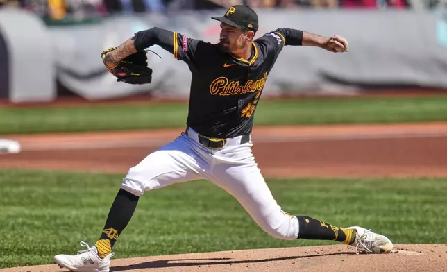 Pittsburgh Pirates pitcher Andrew Heaney delivers during the first inning of a baseball game against the Washington Nationals in Pittsburgh, Thursday, April 17, 2025. (AP Photo/Gene J. Puskar)