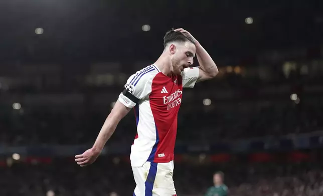 Arsenal's Declan Rice reacts during the Champions League semifinal first leg soccer match between Arsenal and Paris Saint-Germain at Emirates Stadium in London, England, Tuesday, April 29, 2025. (Adam Davy/PA via AP)