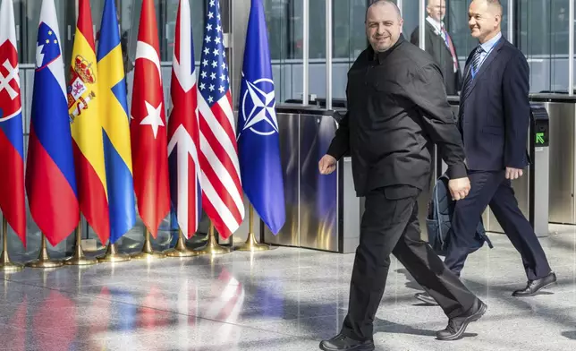Ukraine's Defense Minister Rustem Umerov arrives for a coalition of the willing defence ministers meeting at NATO headquarters in Brussels, Belgium, Thursday, April 10, 2025. (AP Photo/Geert Vanden Wijngaert)
