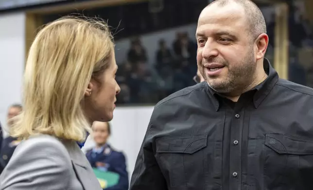 Ukraine's Defense Minister Rustem Umerov, right, talks with European Union foreign policy chief Kaja Kallas during a meeting of the Ukraine Defence Contact Group at NATO headquarters in Brussels, Friday, April 11, 2025. (AP Photo/Geert Vanden Wijngaert)