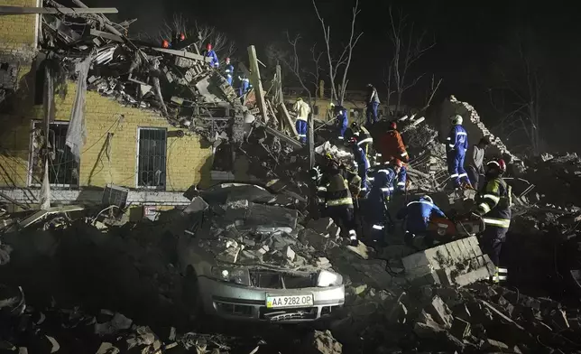 Ukrainian search personnel clear the rubble after a Russian ballistic missile attack in Kyiv, Ukraine, early Thursday, April 24, 2025. (AP Photo/Efrem Lukatsky)