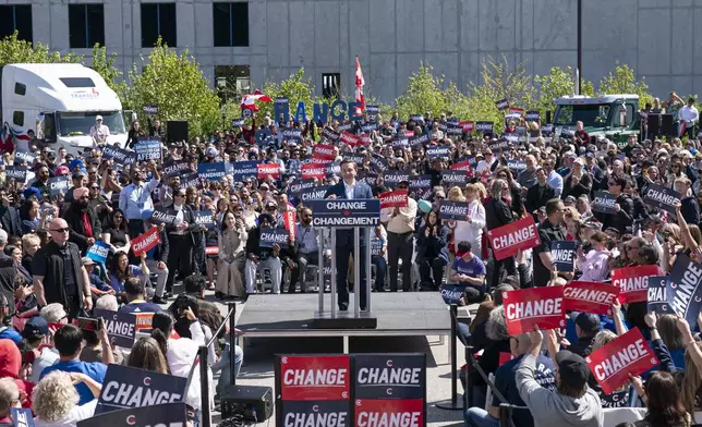 Conservative Party leader Pierre Poilievre speaks at a campaign rally in Delta, British Columbia, Saturday, April 26, 2025. (Rich Lam /The Canadian Press via AP)