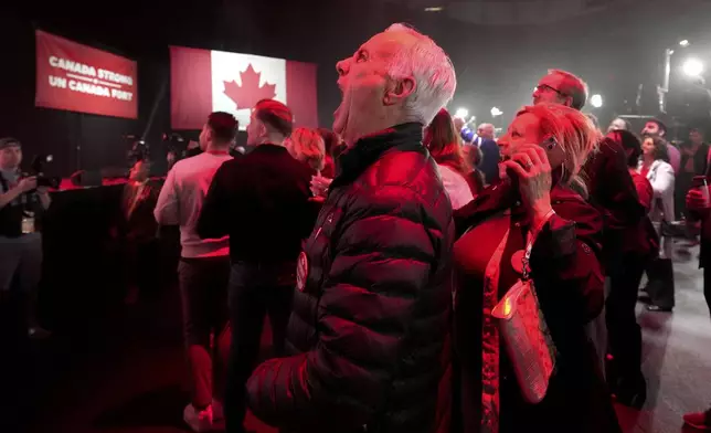 Liberal Party's supporters cheer on results at the party election night headquarters in Ottawa, Monday, April 28, 2025. (Nathan Denette/The Canadian Press via AP)