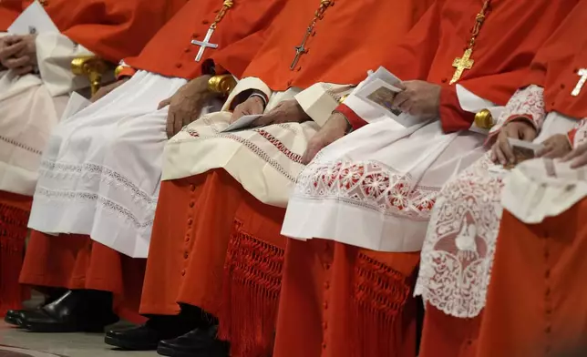 FILE - New Cardinals sit during consistory inside St. Peter's Basilica, at the Vatican, Saturday, Aug. 27, 2022. (AP Photo/Andrew Medichini, File)