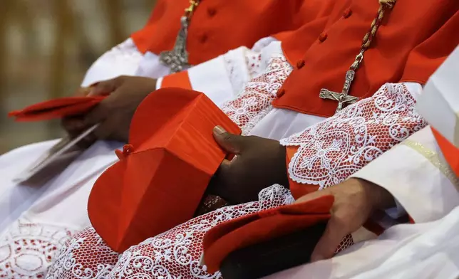 FILE - Cardinals hold the red three-cornered biretta hats before a consistory inside the St. Peter's Basilica at the Vatican, Saturday, Nov. 19, 2016. (AP Photo/Gregorio Borgia, File)
