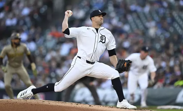 Detroit Tigers starting pitcher Jack Flaherty (9) throws a pitch against the San Diego Padres during the third inning of a baseball game, Tuesday, April 22, 2025, in Detroit. (AP Photo/Lon Horwedel)