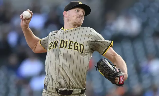 San Diego Padres pitcher Nick Pivetta (27) throws a pitch against the Detroit Tigers during the first inning of a baseball game, Tuesday, April 22, 2025, in Detroit. (AP Photo/Lon Horwedel)