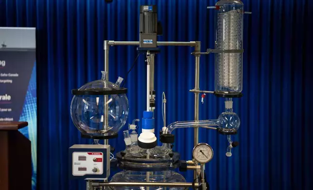 A double wall reaction vessel is pictured during a Royal Canadian Mounted Police (RCMP) news conference announcing fentanyl production labs have been dismantled around British Columbia, in Surrey, British Columbia, Thursday, April 10, 2025. (Ethan Cairns/The Canadian Press via AP)