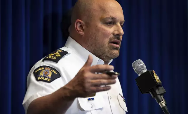 Commander of the RCMP Federal Policing program, in the Pacific Region, Assistant Commissioner David Teboul speaks during an RCMP news conference announcing fentanyl production labs that have been dismantled around British Columbia, in Surrey, British Columbia, Thursday, April 10, 2025. (Ethan Cairns/The Canadian Press via AP)
