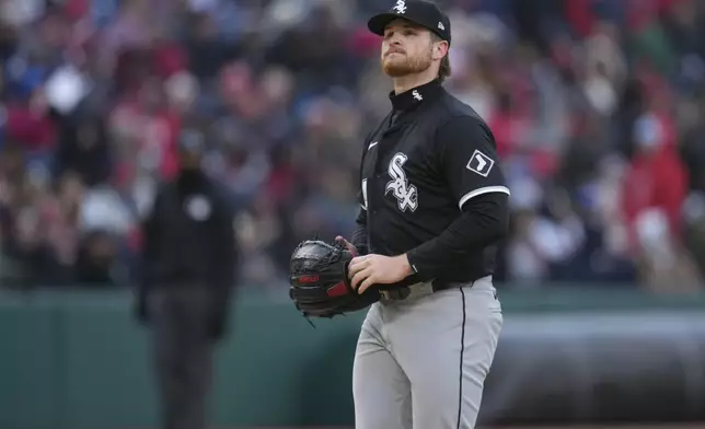Chicago White Sox pitcher Shane Smith reacts after Cleveland Guardians' José Ramírez hit a single in the sixth inning of a baseball game in Cleveland, Tuesday, April 8, 2025. (AP Photo/Sue Ogrocki)