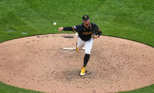 Pittsburgh Pirates pitcher Paul Skenes delivers during the seventh inning of a baseball game against the Cleveland Guardians in Pittsburgh, Saturday, April 19, 2025. (AP Photo/Gene J. Puskar)
