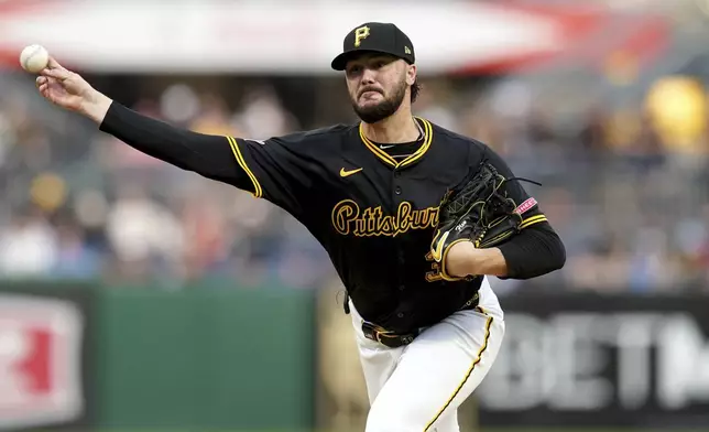 Pittsburgh Pirates pitcher Paul Skenes delivers during the second inning of a baseball game against the Washington Nationals, Monday, April 14, 2025, in Pittsburgh. (AP Photo/Matt Freed)