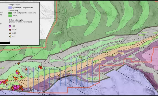 Figure 3. Geological Map centred on the Rajala Structure showing the location of IP lines referred to in the press release.
