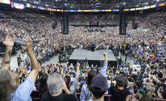 Sen. Bernie Sanders, I-Vt., speaks during his "Fighting Oligarchy" event at the Ford Idaho Center in Nampa, Idaho, Monday, April 14, 2025. (AP Photo/Kyle Green)