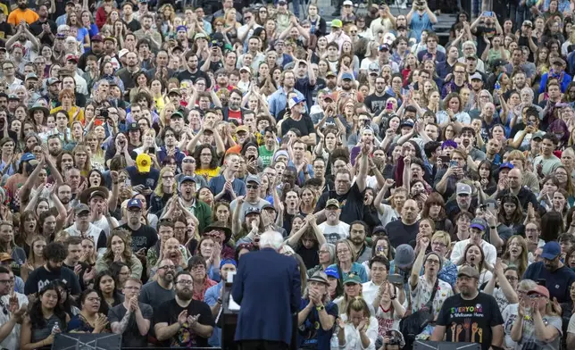 Sen. Bernie Sanders, I-Vt., speaks during his "Fighting Oligarchy" event at the Ford Idaho Center in Nampa, Idaho, Monday, April 14, 2025. (AP Photo/Kyle Green)