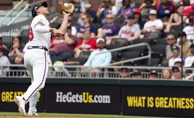 Atlanta Braves' Matt Olson (28) catches a ball for an out against the Minnesota Twins during the fourth inning of a baseball game Saturday, April 20, 2025, in Atlanta. (AP Photo/John David Mercer)