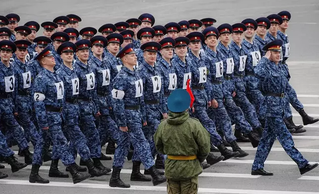 Troops march during a rehearsal for the Victory Day military parade, which will take place at Dvortsovaya (Palace) Square on May 9 to celebrate 80 years after the victory in World War II, in St. Petersburg, Russia, Tuesday, April 22, 2025. (AP Photo/Dmitri Lovetsky)