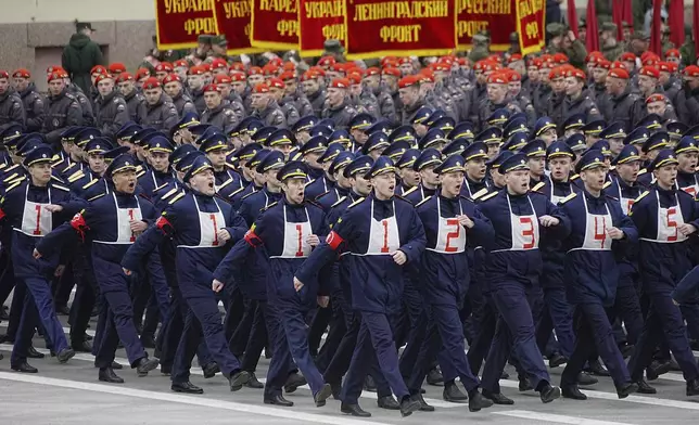 Troops march during a rehearsal for the Victory Day military parade, which will take place at Dvortsovaya (Palace) Square on May 9 to celebrate 80 years after the victory in World War II, in St. Petersburg, Russia, Tuesday, April 22, 2025. (AP Photo/Dmitri Lovetsky)