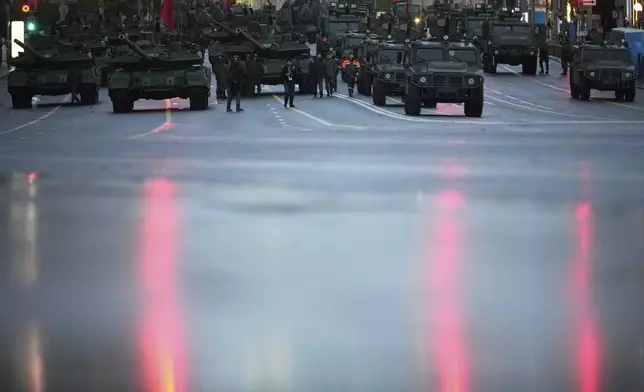 Russian armoured vehicles are parked along Tverskaya Street toward Red Square prior to a rehearsal for the Victory Day military parade in Moscow, Russia, on Tuesday, April 29, 2025. (AP Photo/Pavel Bednyakov)
