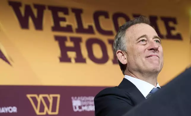 Washington Commanders controlling owner Josh Harris attends an announcement about a new home for the NFL football team on the site of the old RFK Stadium, Monday, April 28, 2025, at the National Press Club in Washington. (AP Photo/Jacquelyn Martin)
