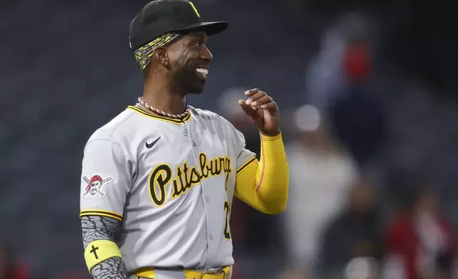 Pittsburgh Pirates' Andrew McCutchen reacts after the Pirates defeated the Los Angeles Angels in a baseball game in Anaheim, Calif., Tuesday, April 22, 2025. (AP Photo/Jessie Alcheh)