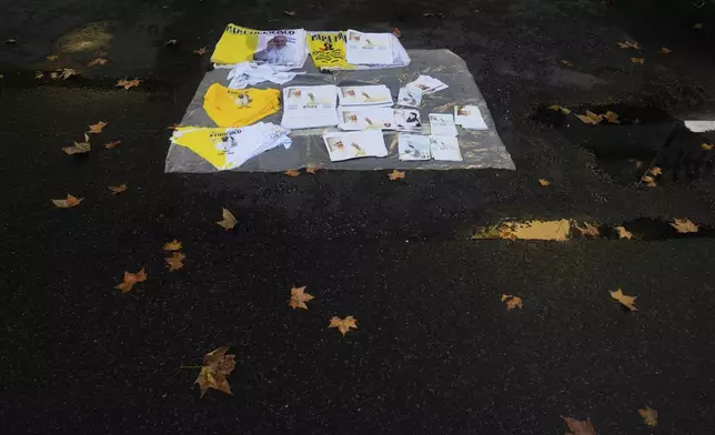 Images of the late Pope Francis are displayed for sale outside the Cathedral in Buenos Aires, Argentina, Saturday, April 26, 2025, as his funeral takes place in Rome. (AP Photo/Natacha Pisarenko)