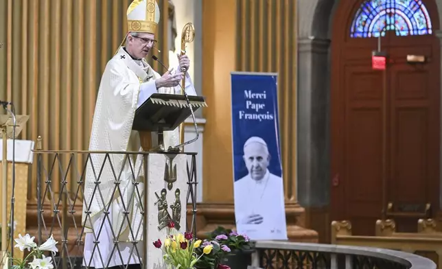 Archbishop of Montreal Christian Lépine speaks during a mass to commemorate the late Pope Francis in Montreal, Saturday, April 26, 2025. (Graham Hughes /The Canadian Press via AP)