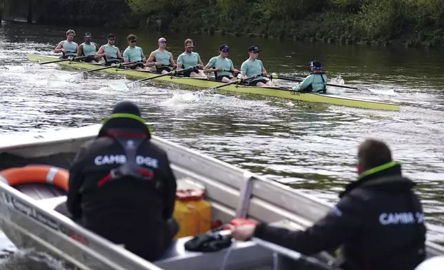 The Cambridge University Men's Boat Team during a training session on the River Thames in London, Tuesday, April 8, 2025. (Zac Goodwin/PA via AP)