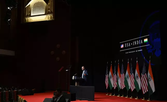U.S. Vice President JD Vance delivers remarks at the Rajasthan International Centre in Jaipur, India, Tuesday, April 22, 2025. (Kenny Holston/The New York Times via AP, Pool)