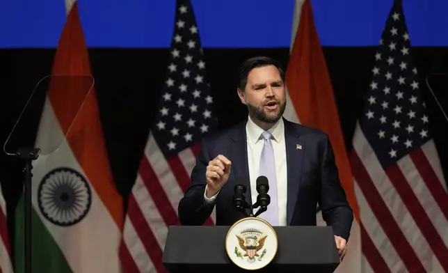 U.S. Vice President JD Vance speaks at the Rajasthan International Center in Jaipur, India, Tuesday, April 22, 2025. (AP Photo/Manish Swarup)