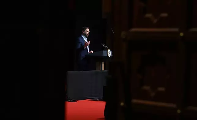 U.S. Vice President JD Vance delivers remarks at the Rajasthan International Centre in Jaipur, India, Tuesday, April 22, 2025. (Kenny Holston/The New York Times via AP, Pool)