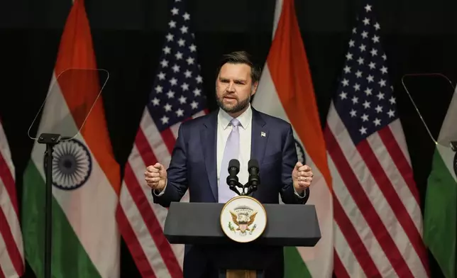 U.S. Vice President JD Vance speaks at the Rajasthan International Center in Jaipur, India, Tuesday, April 22, 2025. (AP Photo/Manish Swarup)
