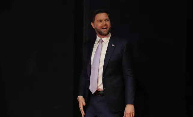 U.S. Vice President JD Vance arrives to speak at the Rajasthan International Center in Jaipur, India, Tuesday, April 22, 2025. (AP Photo/Manish Swarup)