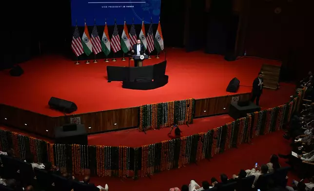 U.S. Vice President JD Vance delivers remarks at the Rajasthan International Centre in Jaipur, India, Tuesday, April 22, 2025. (Kenny Holston/The New York Times via AP, Pool)